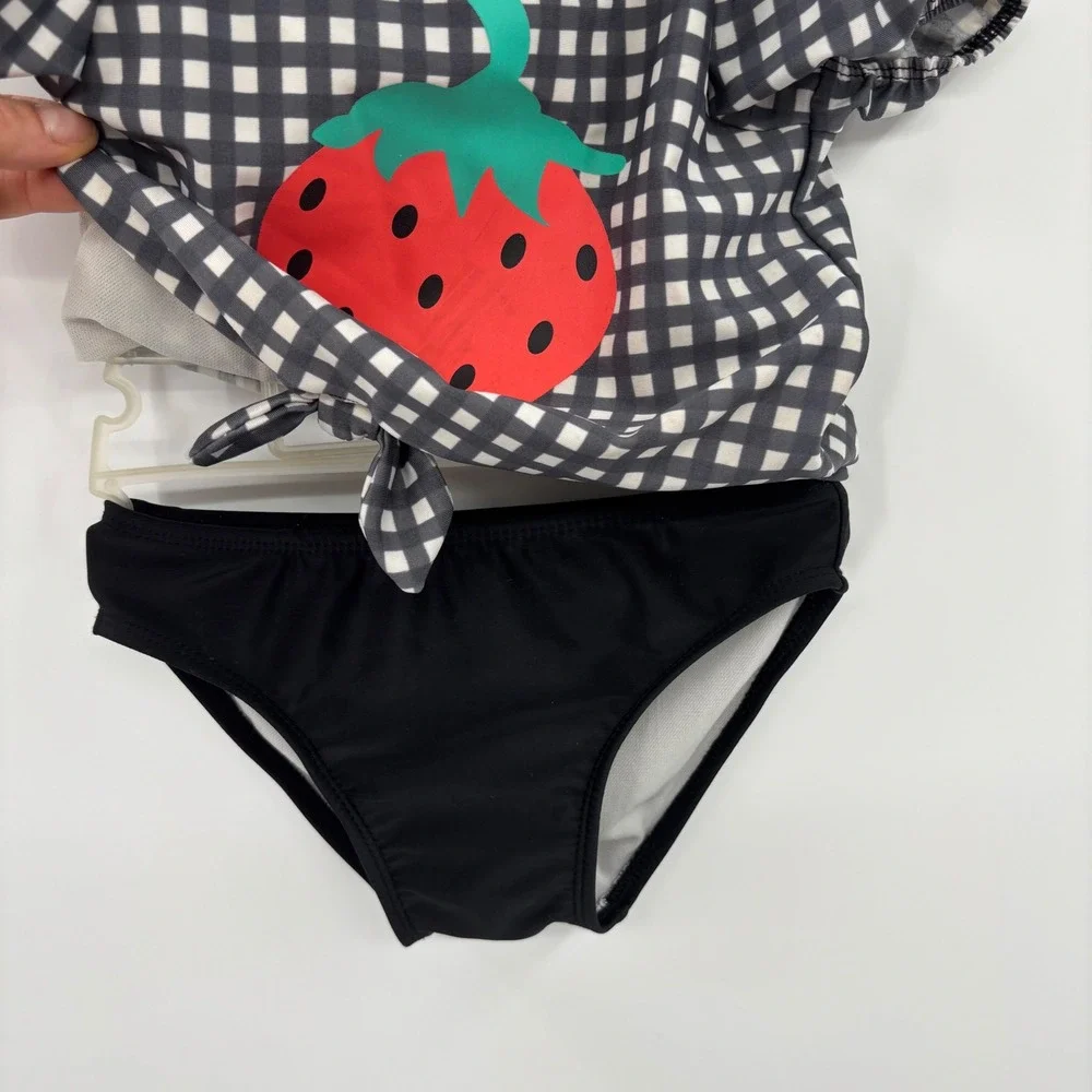 Cat & Jack Swimsuit Toddler 5T Black Gingham Strawberry One Piece Puff Sleeve